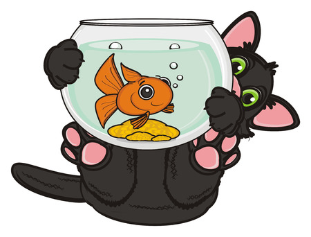 black cat lying on his back and hold aquarium with goldfishの写真素材