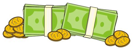 a lot of pack of money and gold coinsの写真素材
