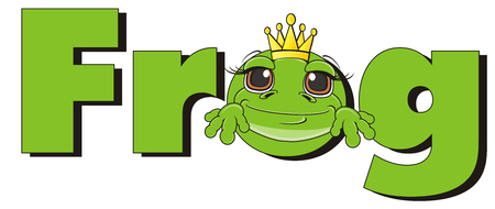 snout of frog in crown peek up from green word frog