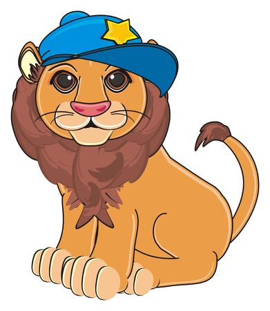 lion in blue cap sitの写真素材