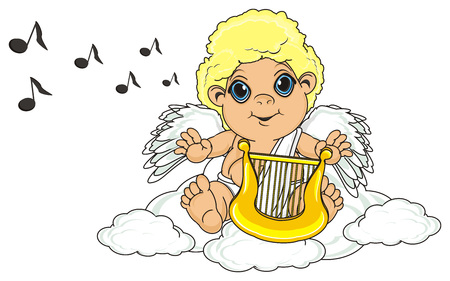 happy cupid sit on the sky and play on the harpの写真素材
