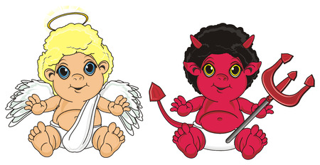 red devil sit and hold a trident near the angelの写真素材