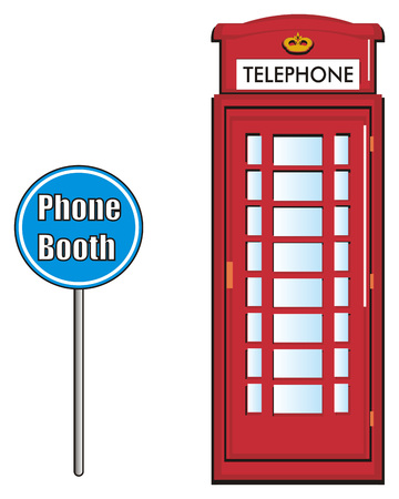 Red telephone booth with road signの写真素材