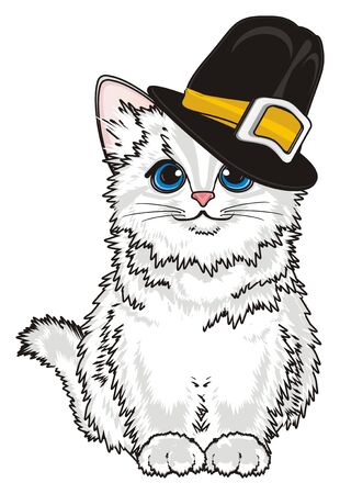 White cat in halloween's hat sitの写真素材