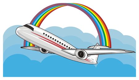 plane fly on the sky with a rainbowの写真素材