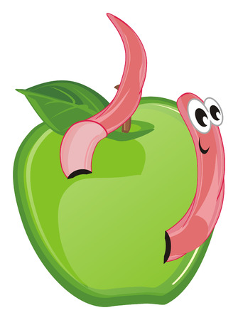 pink worm peek up from an appleの写真素材