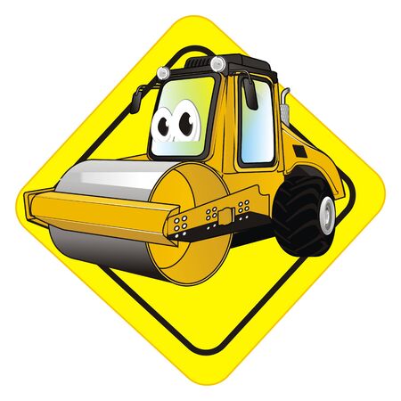 funny road roller on yellow sign