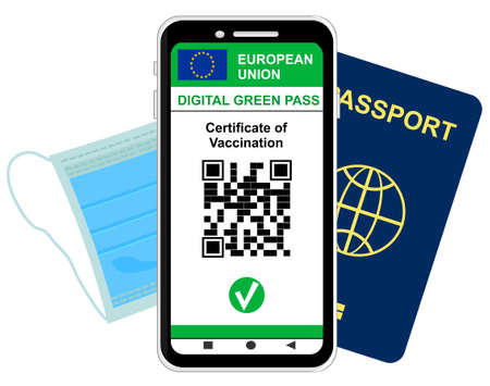 green pass with mask and passportの写真素材