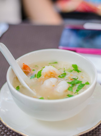 Soft-boiled rice shrimp for breakfast at one of Thailand の写真素材