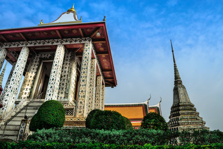 Thai pagoda with colorful glass clay tiles  ancient techique in public and historical Thai...
