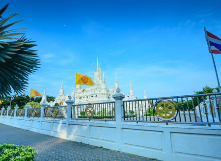 Thai pagoda with colorful glass clay tiles  ancient techique in public and historical Thai monasteries, Thailandの写真素材