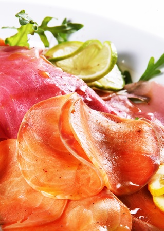 Seafood mix with red fish in restaurant の写真素材