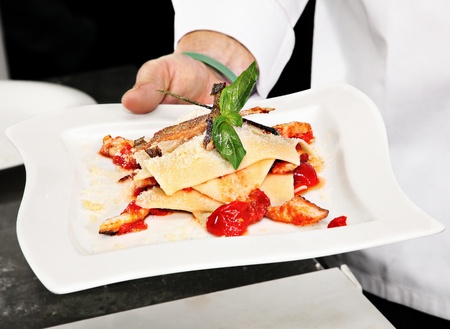 Chef demonstration plate wity food with tomatoの写真素材