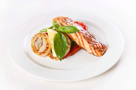 Prepared food fried fish and vegetable closeupの写真素材