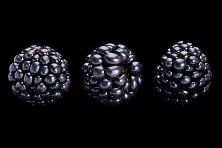 Blackberry fruit closeup isolated on black backgroundの写真素材