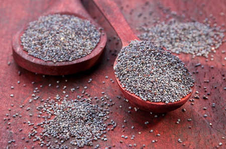 Dry poppy seed closeup in wood spoonの写真素材