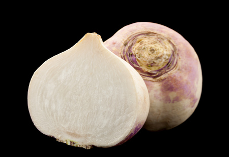White big radish slice vegetable closeup isolated on black backgroundの写真素材