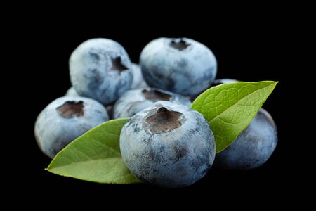 Blueberry with leaf closeup isolated on black backgroundの写真素材