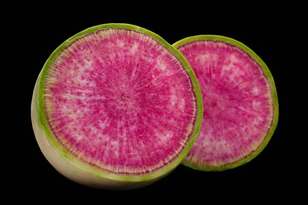 Watermelon radish closeup isolated on black backgroundの写真素材