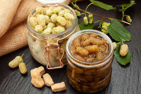 White mulberry jam closeup in glass jarの写真素材