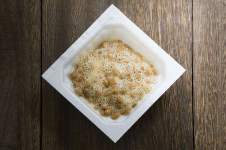 closeup japanese natto fermented soybeans in packの写真素材