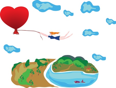 The soul in love flies for soul  The girl holds a rope, and heart carries away it highly over the earth   Horizontal  illustration のイラスト素材