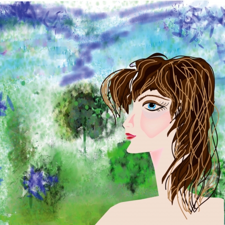 Female profile - a vector illustration  Abstract plants background - raster drawing のイラスト素材