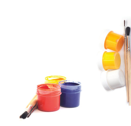 Gouache Gouache art and brushes thin  Photo on a white background の写真素材