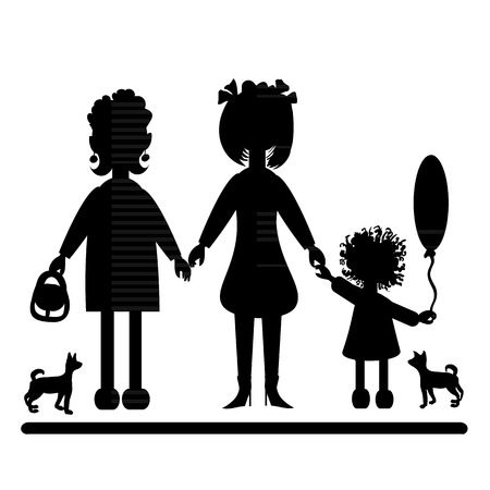 Black silhouette of three women of different age and little dogs.  Vector illustration.のイラスト素材