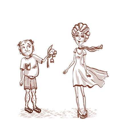 Shy man stretches out his hand with a bouquet to the woman, \"head in the clouds.\"のイラスト素材