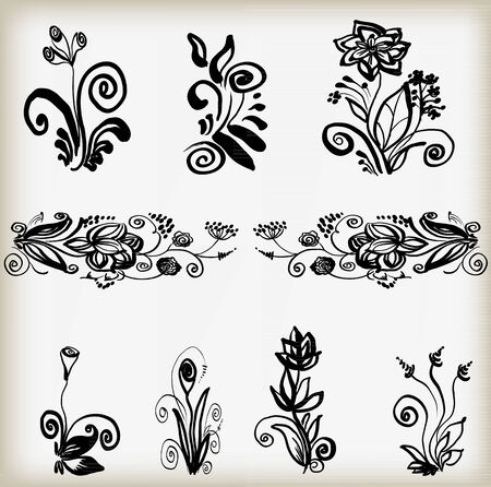 Set of vertical and horizontal flower silhouettes with additional elements. Vector square illustration.のイラスト素材