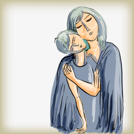 The woman embraces the son. Symbol of maternal care and love. Square vector illustration.のイラスト素材