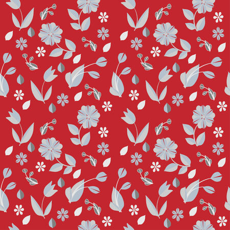 Seamless drawing from flowers and leaves on a red background.のイラスト素材