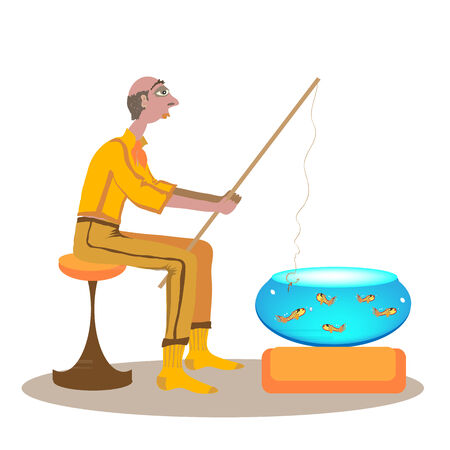 Lazy \"fisherman\" catches fish from an aquarium. Even the worm on a hook is dissatisfied.Vector illustration.のイラスト素材