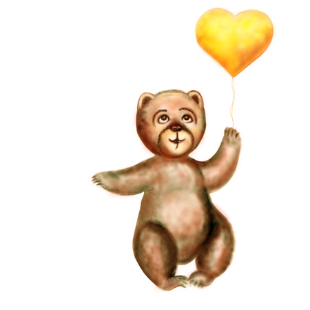The bear cub holds a yellow heart in a paw. Horizontal raster illustration. It is isolated on the white.の写真素材