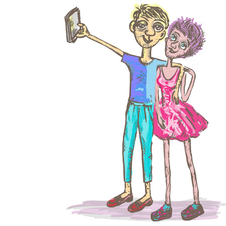 Comical, cheerful man and the woman take the picture of a selfie. Square vector illustration.のイラスト素材