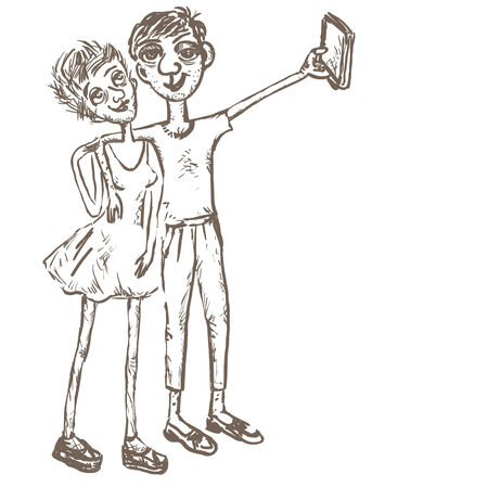 Comical, cheerful man and the woman take the picture of a selfie. Square vector illustration.のイラスト素材
