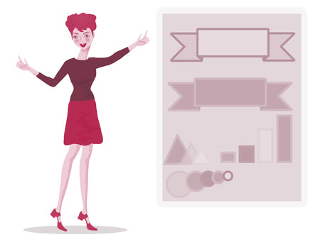 The woman in all growth shows a hand on the poster with abstract infographics. Vector illustration.のイラスト素材