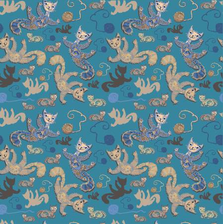 Cats joyfully play with balls of woolen threads. Seamless pattern. Square  illustration.の写真素材