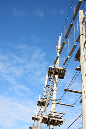 Rope Park.A fragment of the rope Park on a background of blue sky.の写真素材