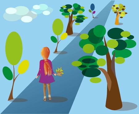 Girl (seen from behind) holding autumn leaves. She goes on the road between the trees.   Horizontal vector illustration.のイラスト素材