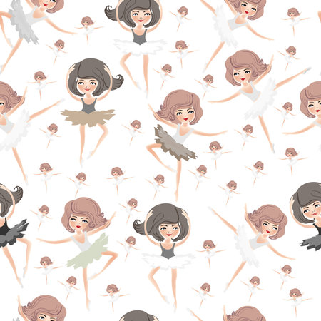 Seamless pattern with young dancing girls on a white background. Square vector illustration.のイラスト素材