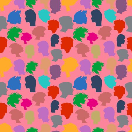Profiles of female and male heads in a profile of different colors. Square Seamless, bright illustration.の写真素材