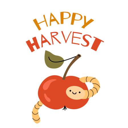 Happy harvest card. Fall vector design with apple and worm. Vector harvesting quote.のイラスト素材