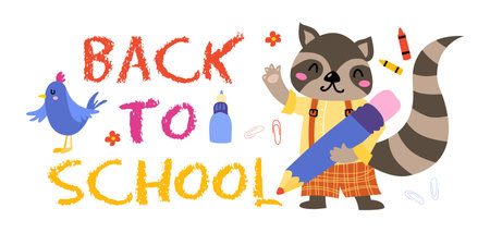 School lettering cartoon style. Back to school card with racoon, bird. Vector design with hand drawn text.のイラスト素材