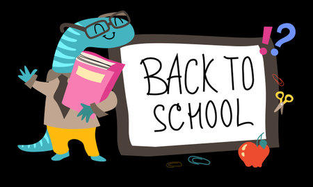 School cute template cartoon. Back to school vector banner design with colorful lizard pupil. flat illustration.のイラスト素材