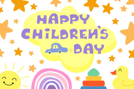 Happy childrens day poster. Celebration phrase with rainbow, cars, duck and sun. Vector kids elements isolated on a white background.のイラスト素材