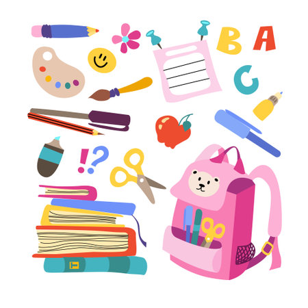 Set of study school supplies. Vector elements backpack, pencils, brushes, paints, books. Childrens cute stationery subjects. Back to school.のイラスト素材
