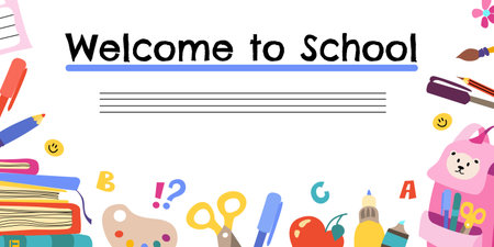 School banner cartoon. Vector hand drawn Illustration. Colorful template with school supplies for your learning design.のイラスト素材
