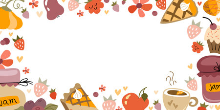 Tea Time background flat. Frame with cakes, glass jar berries jam and tea accessories. Hand drawn set of sweet food ingredient.のイラスト素材